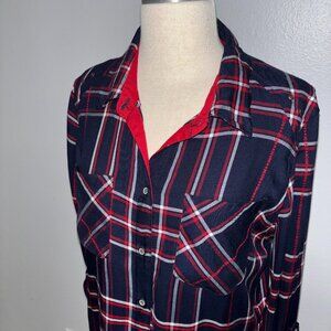Westbound Plaid Button Front Shirt S Navy Red‎ Rayon Cabincore Fall Top Roll Tab